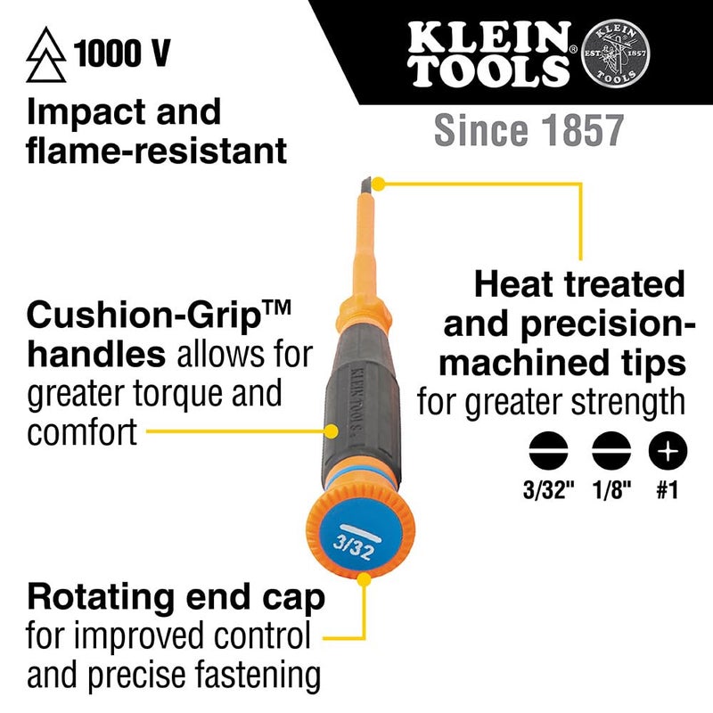 Klein Tools 85613INS Mini Precision Screwdriver Set, 1000V Rated Insulated Screwdrivers, #1 Phillips, 3/32, 1/8-Inch Slotted Tips, 3-Piece - Image 2