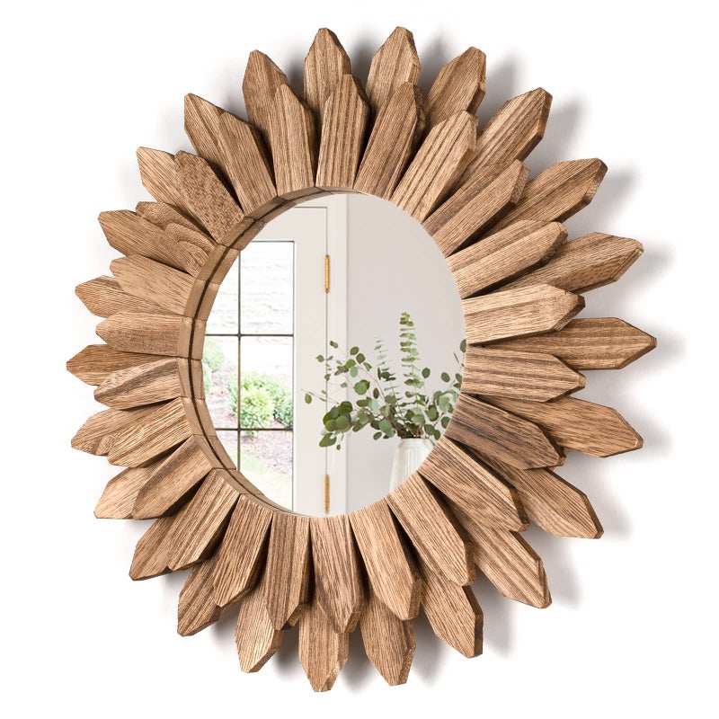 Honiway Wall Mirror Decorative 12 inch Rustic Wood Mirror Sunburst Boho Mirror for Entryway Bedroom Living Room Bathroom House Warming Gifts New Home Essential Carbonized Black - Image 1