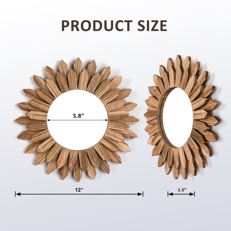 Honiway Wall Mirror Decorative 12 inch Rustic Wood Mirror Sunburst Boho Mirror for Entryway Bedroom Living Room Bathroom House Warming Gifts New Home Essential Carbonized Black - Image 5