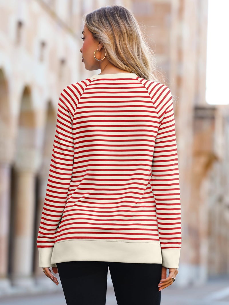 Glamaker Womens Long Sleeve Sweatshirt Crewneck Striped Sweatshirts Pullover Tops Fall Fashion 2025 Red L - Image 5