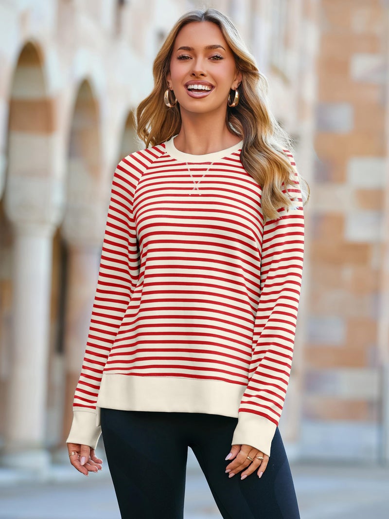 Glamaker Womens Long Sleeve Sweatshirt Crewneck Striped Sweatshirts Pullover Tops Fall Fashion 2025 Red L - Image 2