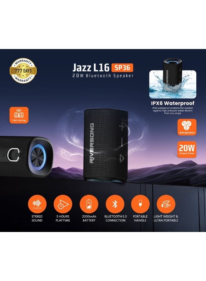 RIVERSONG Jazz L16 Portable Bluetooth Speaker – 20W HD Stereo Sound, Super Bass, IPX6 Waterproof, RGB Light Show, TWS Pairing, 5H Playtime, Type-C Charging - Image 3