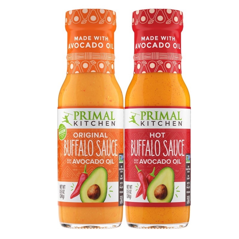 صلصة بافلو بدون حليب من برايمال كيتشن مجموعة 2 عبوة مصنوعة من زيت الأفوكادو ومكونات حقيقية تشمل 1 صلصة بافلو الأصلية و1 صلصة بافلو الحارة