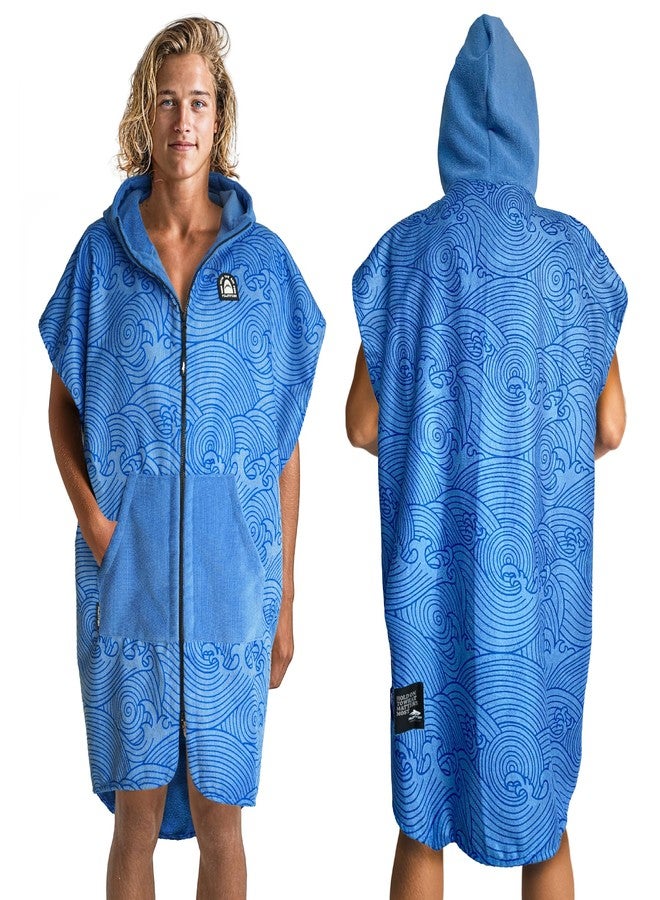 Pilotfish Surf Poncho Changing Robe with Hood - Soft, Quick-Dry Cotton Hooded Changing Towel with Pocket, Unisex Cover-Up Beach Towel for Surfing, Swimming Pool, Men and Women, Bluewaves Large - Image 1
