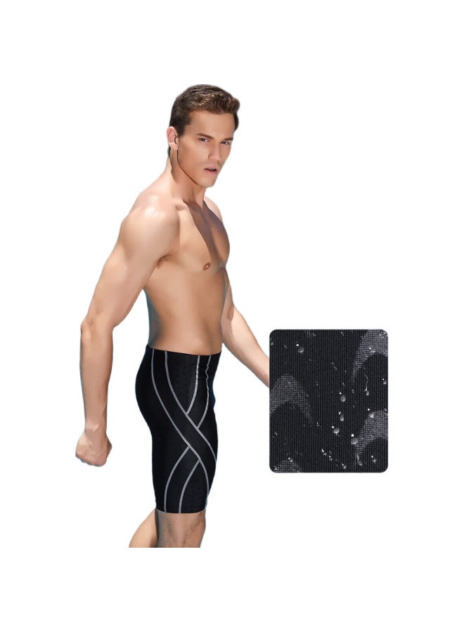 YINGFA Men'S Swim Shorts, Anti-Embarrassment Knee-Length Shorts, Professional Training Faux Shark Skin, Quick-Drying, Hot Spring Swimming Suit, Black - Image 1