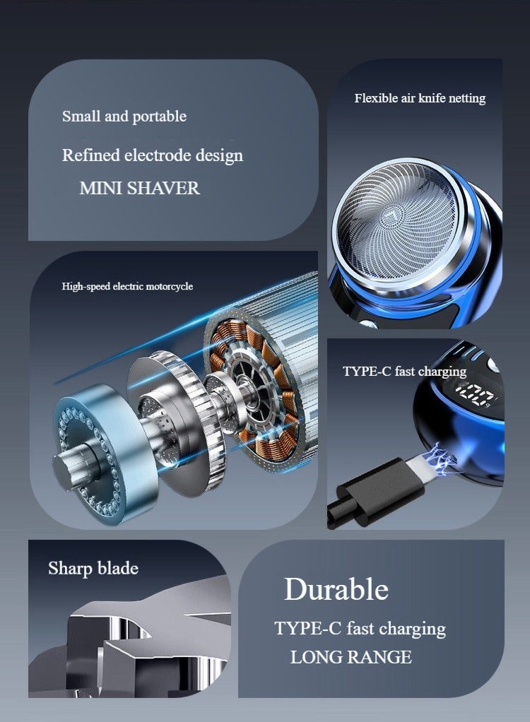ماكينة حلاقة كهربائية للرجال، ماكينة حلاقة صغيرة محمولة، ماكينة حلاقة شحن USB، ماكينة حلاقة رطبة وجافة قابلة لإعادة الشحن (أزرق) - Image 2