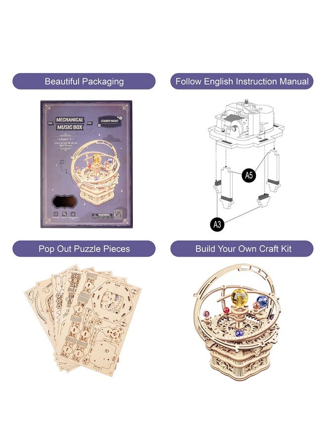 RoWood RoWood Music Box 3D Puzzles for Adults, DIY Wooden Mechanical Building Model Kits, Gift for Teens Kids on Children's Day/Birthday/Christmas - Starry Night  - Image 4