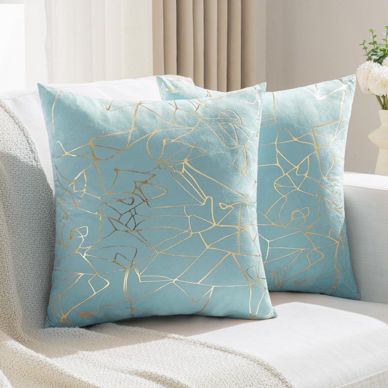 JELLYMONI Sparkling Decorative Pillow Covers Set of 2 18 x 18 inch Glitter Decorative Pillow Shams Light Blue with Gold Streaks Soft Pillowcases Home Decor for Sofa Couch Bed - Image 2