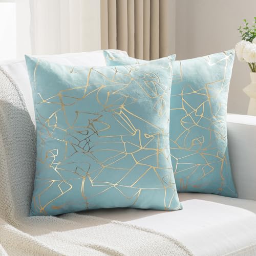 JELLYMONI Sparkling Decorative Pillow Covers Set of 2 18 x 18 inch Glitter Decorative Pillow Shams Light Blue with Gold Streaks Soft Pillowcases Home Decor for Sofa Couch Bed - Image 1