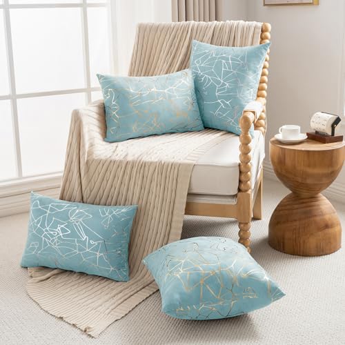 JELLYMONI Sparkling Decorative Pillow Covers Set of 2 18 x 18 inch Glitter Decorative Pillow Shams Light Blue with Gold Streaks Soft Pillowcases Home Decor for Sofa Couch Bed - Image 3