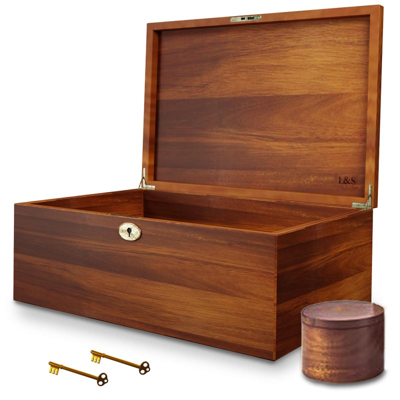 LUSH & STYLE صندوق ذاكرة كبير من لوش وأسلوب لتذكارات من خشب الأكاسيا، صناديق زخرفية مع غطاء مفصلي ومفتاح قفل، صندوق كنز الذاكرة، صندوق تخزين خشبي، صندوق هدايا خشبي. الحجم: 11x9x5 بوصات - Image 1