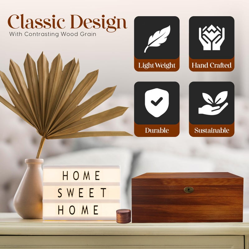 LUSH & STYLE صندوق ذاكرة كبير من لوش وأسلوب لتذكارات من خشب الأكاسيا، صناديق زخرفية مع غطاء مفصلي ومفتاح قفل، صندوق كنز الذاكرة، صندوق تخزين خشبي، صندوق هدايا خشبي. الحجم: 11x9x5 بوصات - Image 4