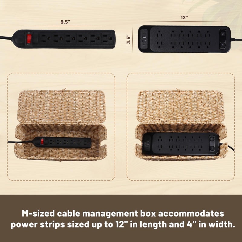 BROWNLILY Cable Management Box, Rattan Style Cord Organizer for Desk Cord Hider Outlet Covers Baby Proofing for Power Strip TV PC Router Charger Under Desk Storage - Natural Small - Image 4