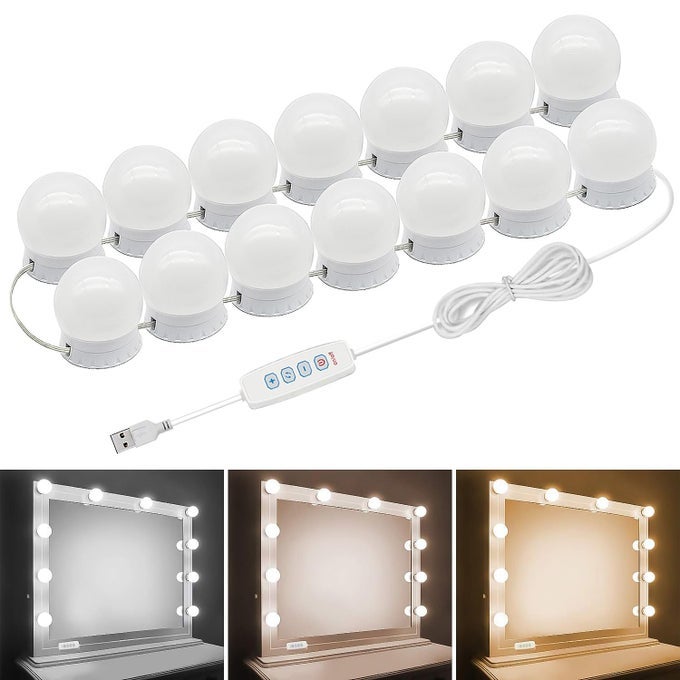 LED VANITY MIRROR LIGHTS HOLLYWOOD STYLE WITH 14 DIMMABLE BULBS ADJUSTABLE COLOR BRIGHTNESS USB CABLE STICKON FOR MAKEUP TABLE DRESSING ROOM