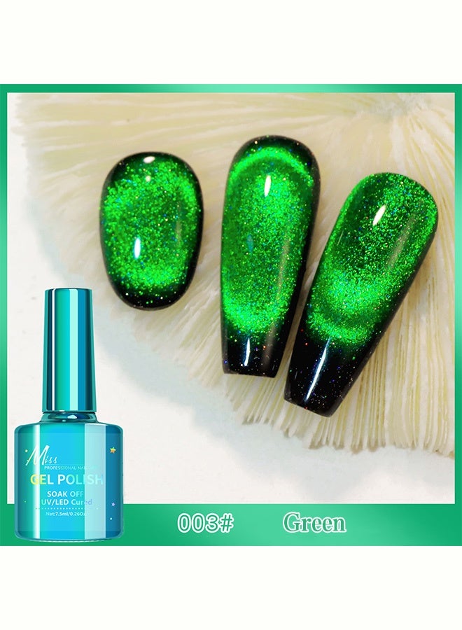 MISS Green Cat Eye Gel Polish, UV/LED Soak-Off Magnetic Nail Polish with Holographic Glitter, Long-Lasting Salon-Quality Nail Art, 7.5ml（003# Green） - Image 2