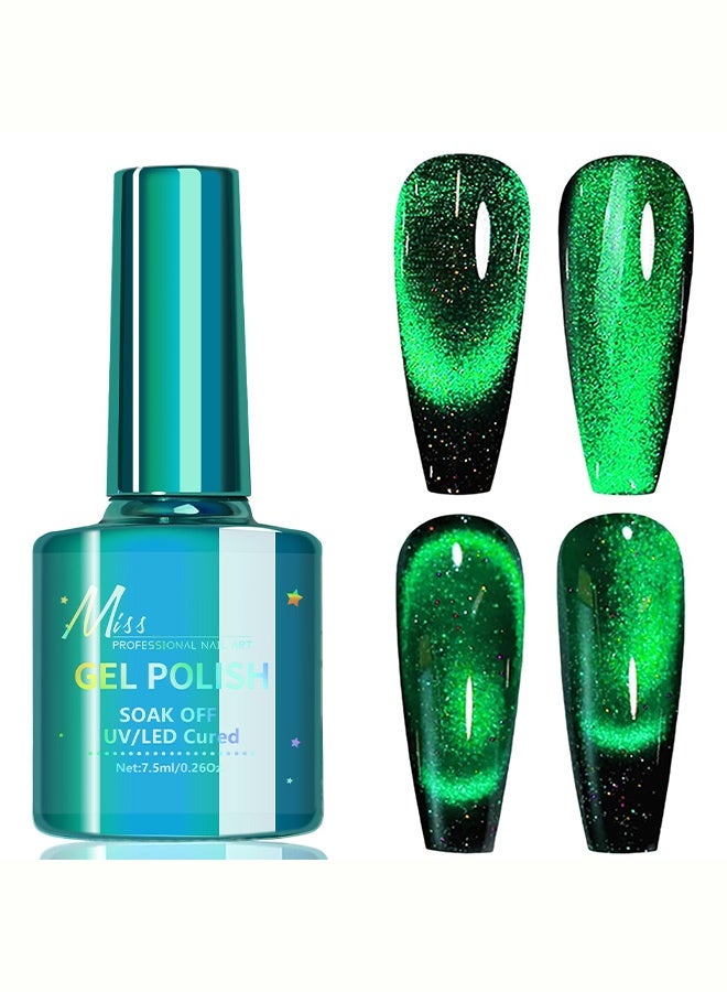 MISS Green Cat Eye Gel Polish, UV/LED Soak-Off Magnetic Nail Polish with Holographic Glitter, Long-Lasting Salon-Quality Nail Art, 7.5ml（003# Green） - Image 1