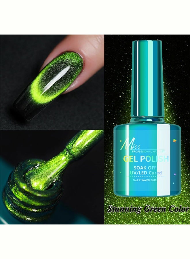 MISS Green Cat Eye Gel Polish, UV/LED Soak-Off Magnetic Nail Polish with Holographic Glitter, Long-Lasting Salon-Quality Nail Art, 7.5ml（003# Green） - Image 5