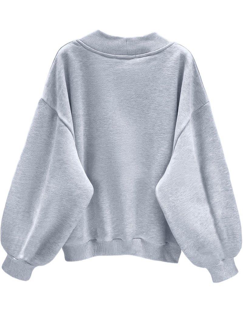 Hilinker Womens V Neck Oversized Sweatshirts Cute Pullover Drop Shoulder Long Sleeve Tops Grey Large - Image 4