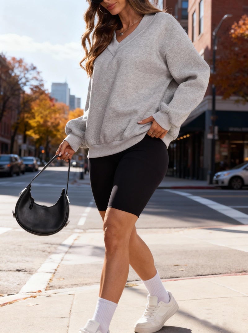 Hilinker Womens V Neck Oversized Sweatshirts Cute Pullover Drop Shoulder Long Sleeve Tops Grey Large - Image 3