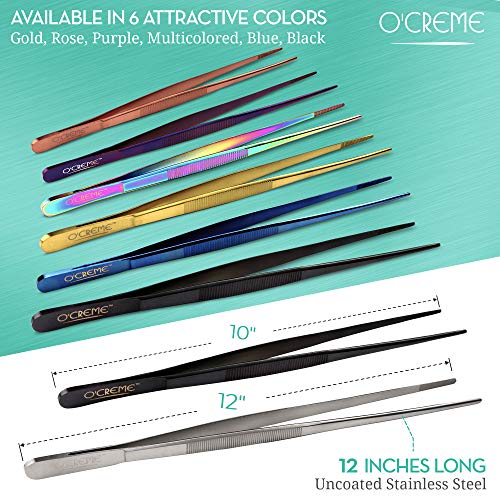 O'Creme 10 Inch Black Precision Stainless Steel Kitchen Tweezer Tongs with Serrated Tips for Gripping - Image 4
