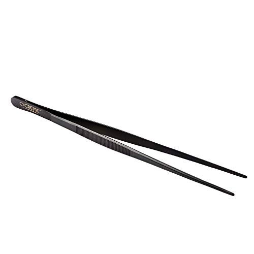 O'Creme 10 Inch Black Precision Stainless Steel Kitchen Tweezer Tongs with Serrated Tips for Gripping - Image 1