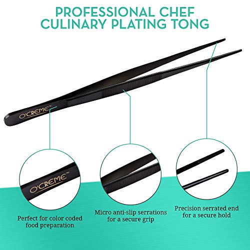 O'Creme 10 Inch Black Precision Stainless Steel Kitchen Tweezer Tongs with Serrated Tips for Gripping - Image 3