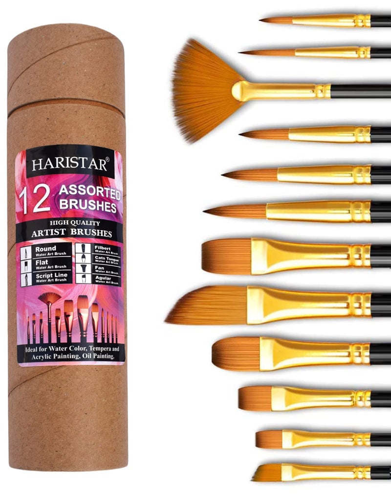 Haristar Handmade Professional Artist Painting Brush Set for Acrylic, Watercolor, & Gouache Painting with Brush Holder - Cruelty-Free (12 Assorted Brushes),(Matte Black) - Image 1