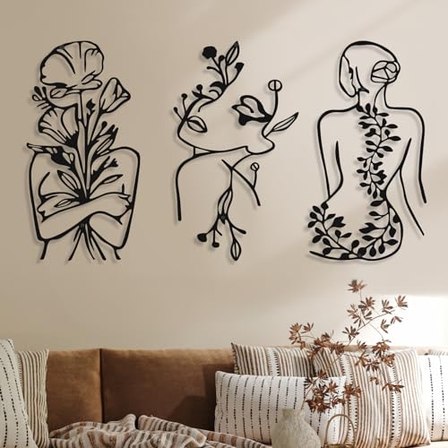Photect 3 Pcs Metal Wall Art Decor Minimalist Abstract Woman Wall Art Metal Modern Line Drawing Decor Female Single Line Home Hanging for Bedroom Bathroom Living Room HousewarmingPlantBlack - Image 1