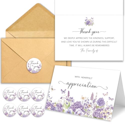 HiABNRT 25 Pack Funeral Thank You Cards with Envelopes, Purple Watercolor Floral Butterfly Design 4x6In Message Inside Sympathy Thank You Card for Funeral Bereavement - Image 1