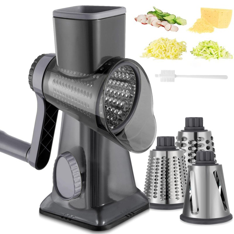 EDEFISY Cheese Grater Hand Crank Rotary Vegetables Shredder with Handle 3in1 Graters with Interchangeable Blades and Strong Suction Base Multifunctional Slicer for Kitchen