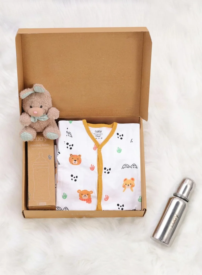 لؤي Premium Gift Box Set with The Baby Romper, Baby Feeding Bottle and Teddy Bear Best Hamper for Babies (9-12 M)
