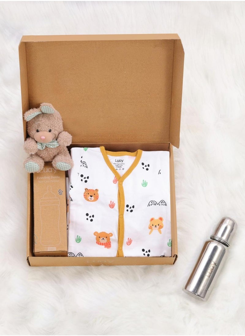 LUAY Premium Gift Box Set with The Baby Romper, Baby Feeding Bottle and Teddy Bear Best Hamper for Babies (9-12 M) 