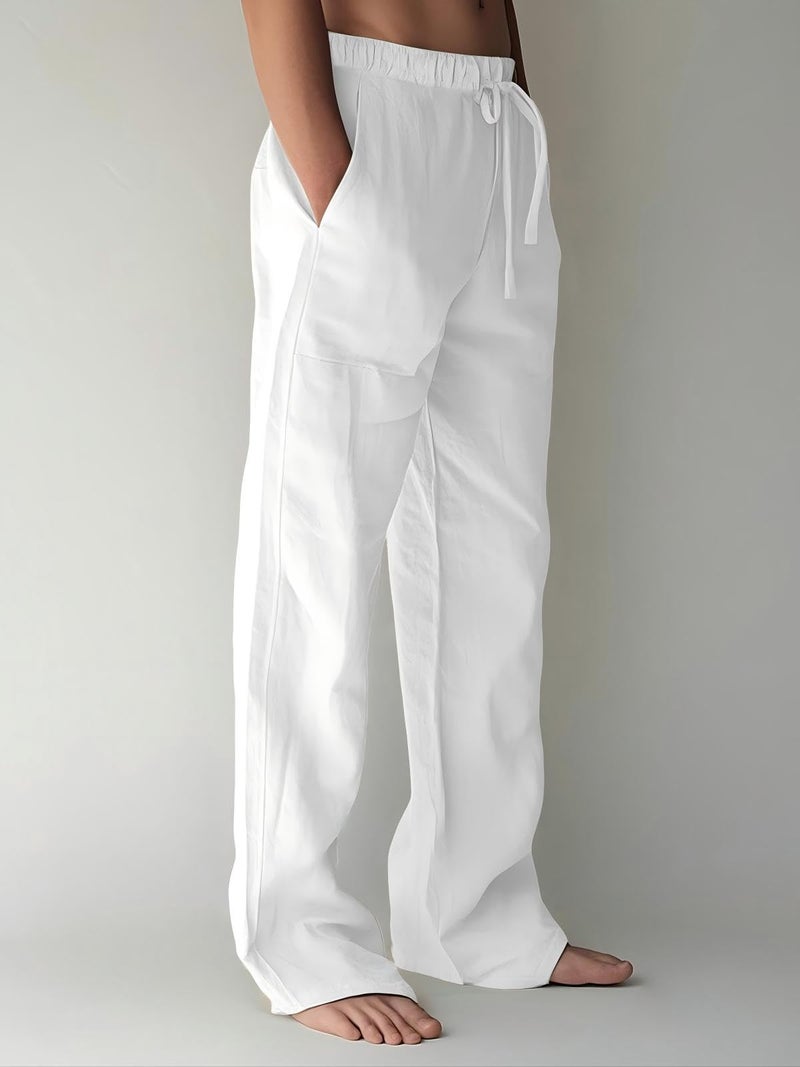 PIDOGYM Mens Cotton Linen Pants, Summer Beach Pants Casual Loose Fit with Elastic Waist Drawstring White - Image 2