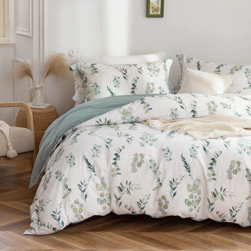 MILDLY King Duvet Cover Sage Green - 100% Washed Cotton Eucalyptus Printed Linen Feel Comforter Cover 3pcs with Zipper Closure Corner Ties - Image 1