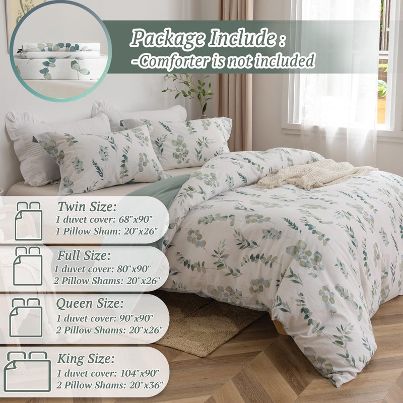 MILDLY King Duvet Cover Sage Green - 100% Washed Cotton Eucalyptus Printed Linen Feel Comforter Cover 3pcs with Zipper Closure Corner Ties - Image 5