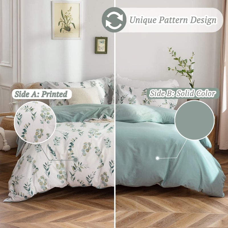 MILDLY King Duvet Cover Sage Green - 100% Washed Cotton Eucalyptus Printed Linen Feel Comforter Cover 3pcs with Zipper Closure Corner Ties - Image 4