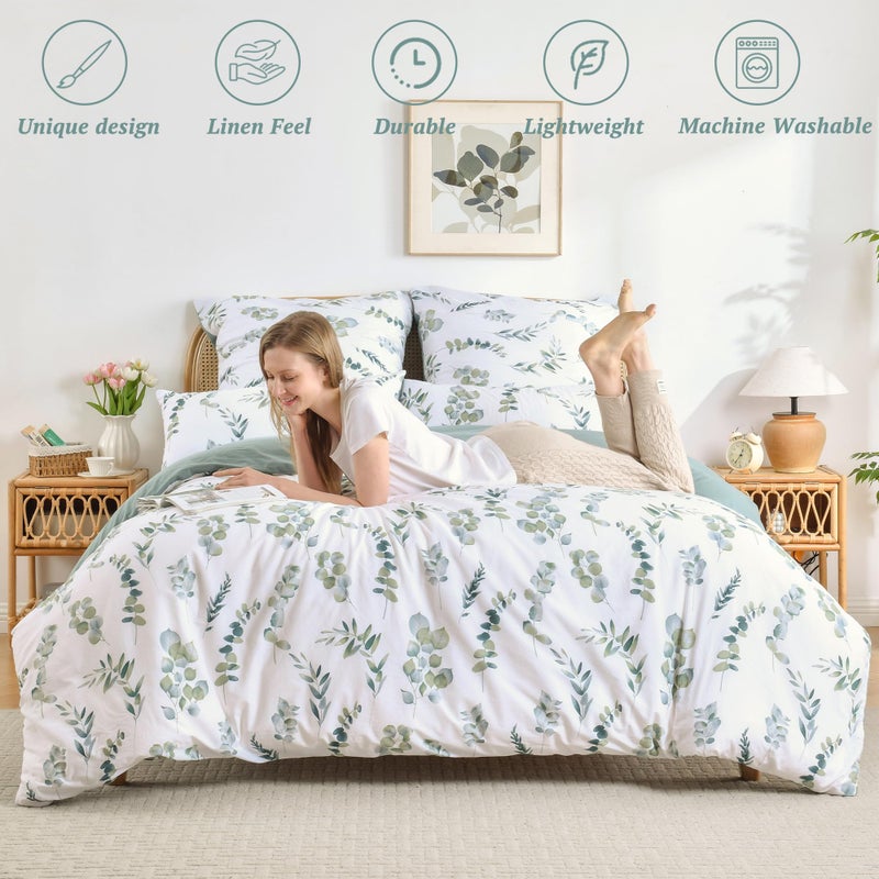 MILDLY King Duvet Cover Sage Green - 100% Washed Cotton Eucalyptus Printed Linen Feel Comforter Cover 3pcs with Zipper Closure Corner Ties - Image 2