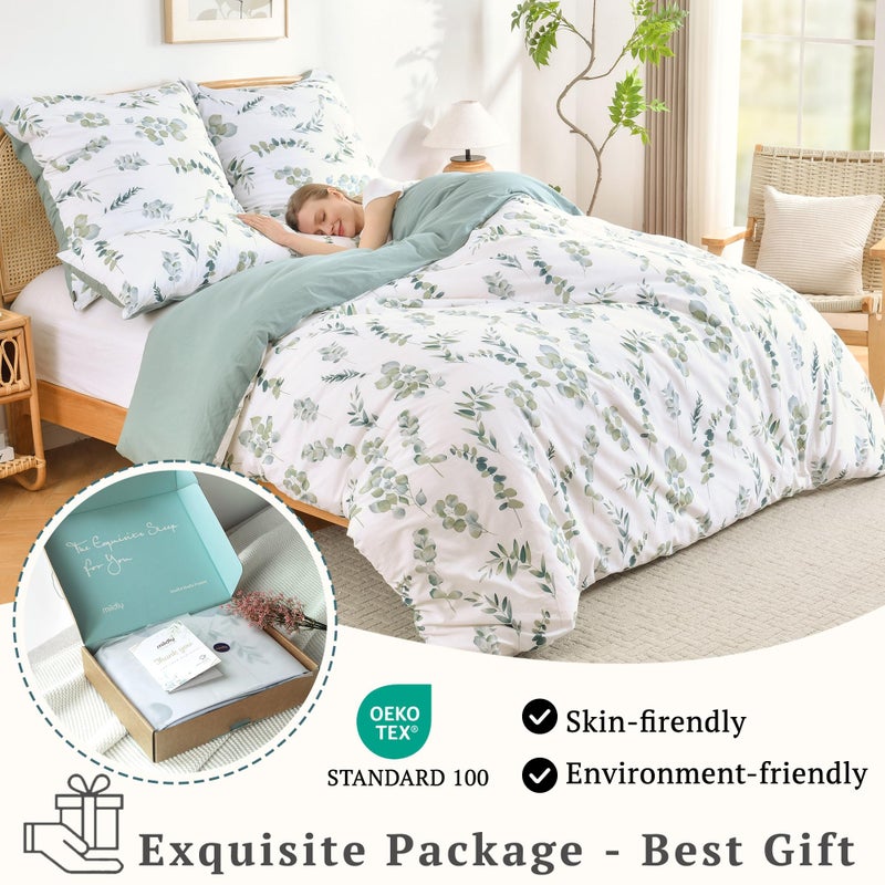 MILDLY King Duvet Cover Sage Green - 100% Washed Cotton Eucalyptus Printed Linen Feel Comforter Cover 3pcs with Zipper Closure Corner Ties - Image 3