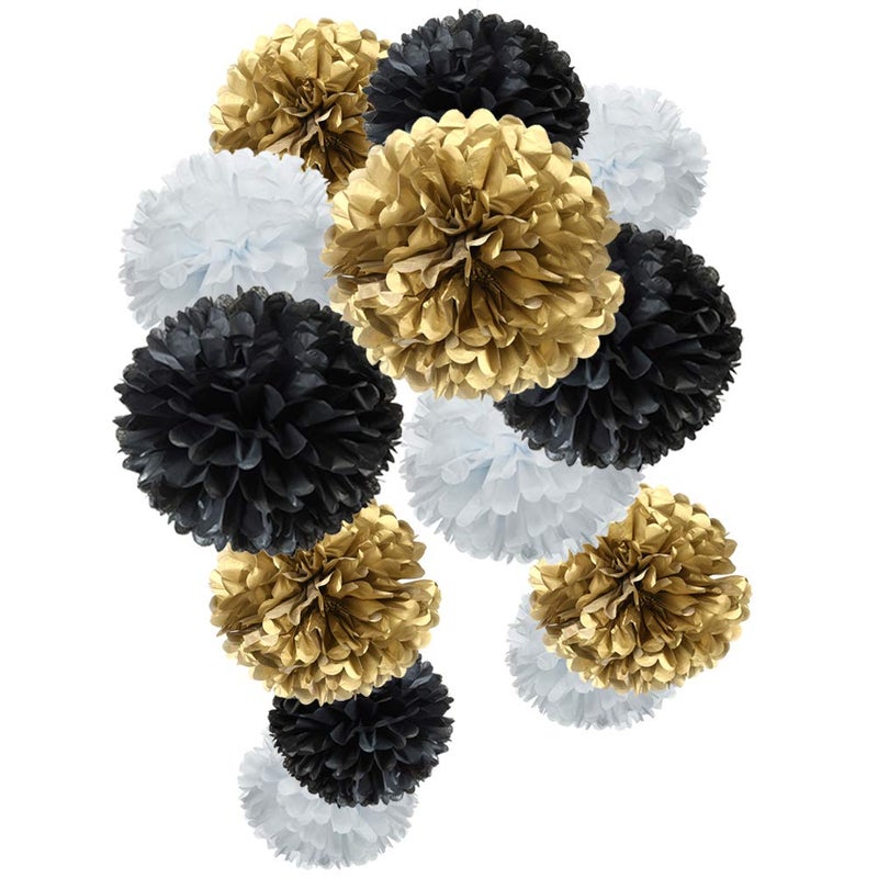 MOWO Paper Flower Tissue Pom Poms for Baby Shower New Year Party Hanging Decoration GoldBlackWhite12pc
