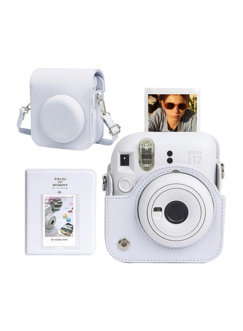 O Ozone Protective Case for Fujifilm Instax Mini 12 Instant Camera, PU Leather Camera Carrying Bag Cover with Adjustable Shoulder Strap and Mini Photo Album 64 Pockets - White - Image 1