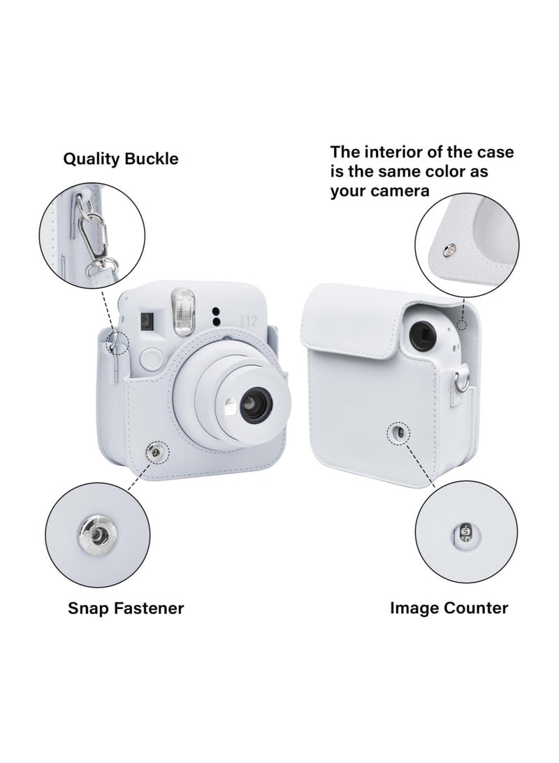 O Ozone Protective Case for Fujifilm Instax Mini 12 Instant Camera, PU Leather Camera Carrying Bag Cover with Adjustable Shoulder Strap and Mini Photo Album 64 Pockets - White - Image 3