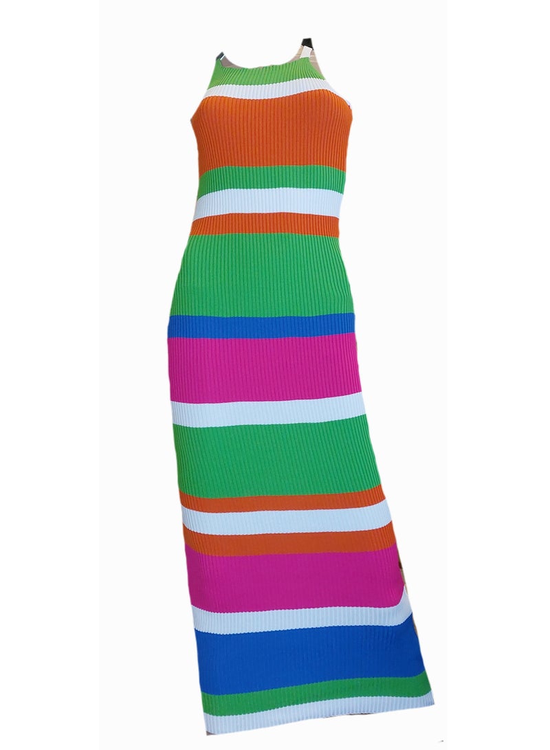 Women stretch colored striped bodycon maxi dress 