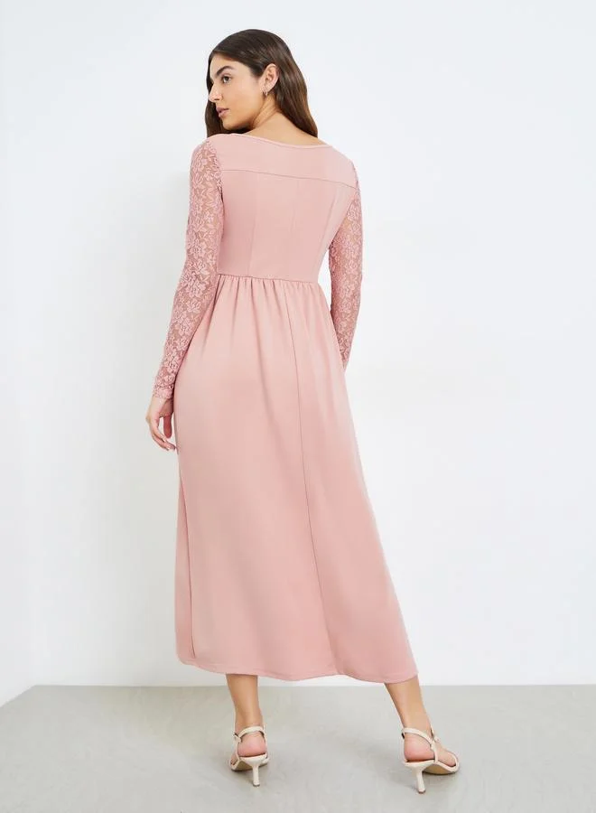 Styli dusty pink Pink Lace Sleeves A-Line Maxi Dress for Women | Best Price UAE