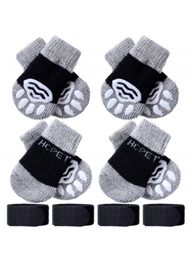 8 Pieces Dog Socks Pet Knit Socks Anti-Slip Cat Socks Adjustable Paw Protector for Small Puppies and Kittens Traction Control (Black and Gray,S)