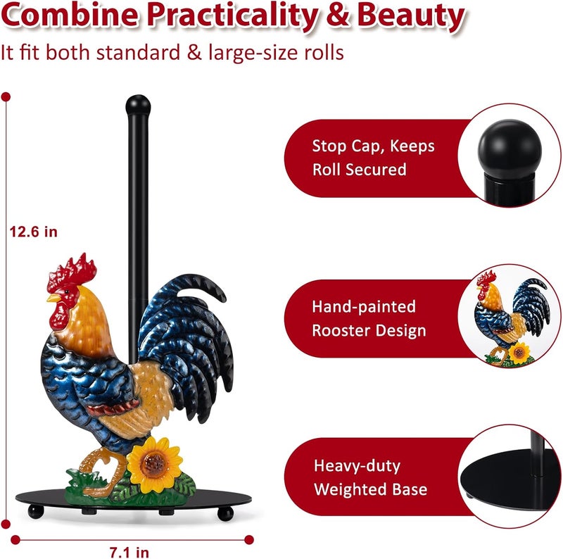 Shinlar Rooster Paper Towel Holder Countertop - Sunflower & Chicken Farmhouse Kitchen Decor and Accessories, Rustic Housewarming Gift for Rooster & Farmhouse Enthusiasts, Weighted Base - Image 2