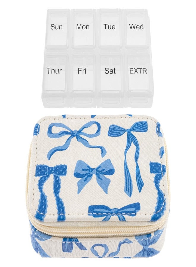 Karma, Travel Pill Case, Weekly Travel Pill Organizer, Removable 8-Compartment Pill Box, Travel Pill Medicine Organizer, Bows - Image 1