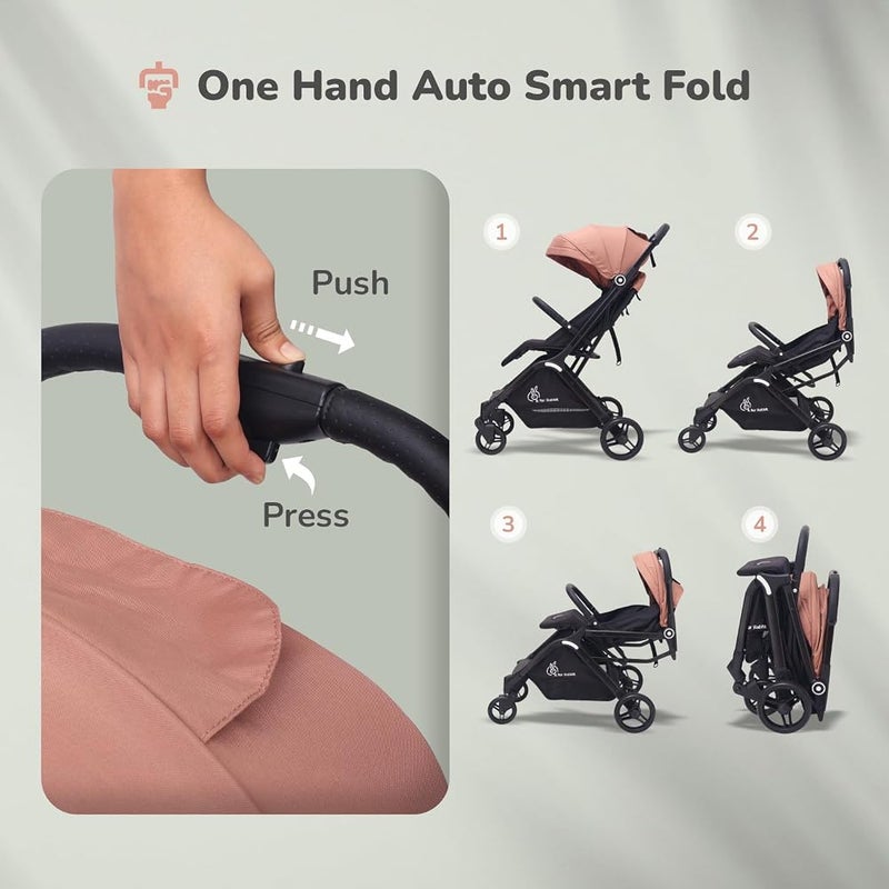 R for Rabbit Street Smart Ace Auto Fold Stylish Newborn Baby Stroller| Aluminum Frame Pram One Click Fold Travel Friendly Cabin Trolley Stroller for 0-3 Years Kids|6 Months Warranty|(Peach Black) - Image 2