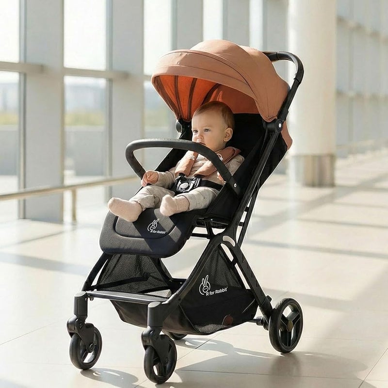 R for Rabbit Street Smart Ace Auto Fold Stylish Newborn Baby Stroller| Aluminum Frame Pram One Click Fold Travel Friendly Cabin Trolley Stroller for 0-3 Years Kids|6 Months Warranty|(Peach Black) - Image 1
