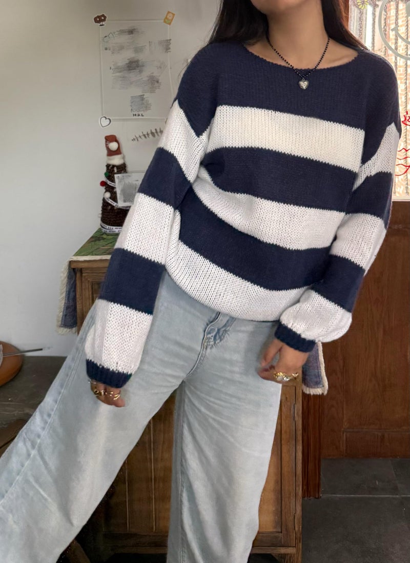 FOMOYUU Women Oversized Striped Sweater Color Block Knit Long Sleeve Sweatshirt Loose Pullover Y2K Preppy Jumper (Blue b, S) - Image 3