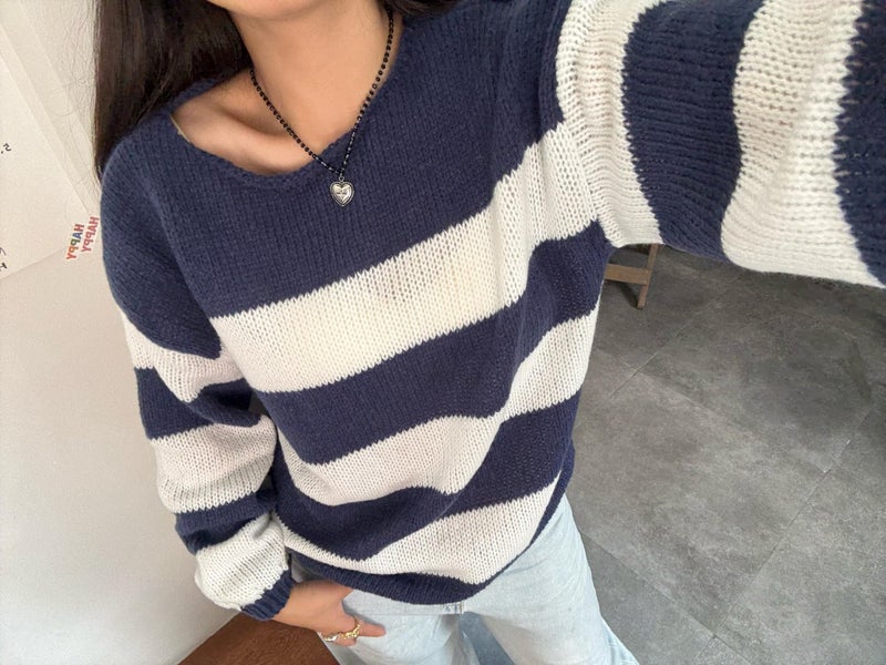 FOMOYUU Women Oversized Striped Sweater Color Block Knit Long Sleeve Sweatshirt Loose Pullover Y2K Preppy Jumper (Blue b, S) - Image 5